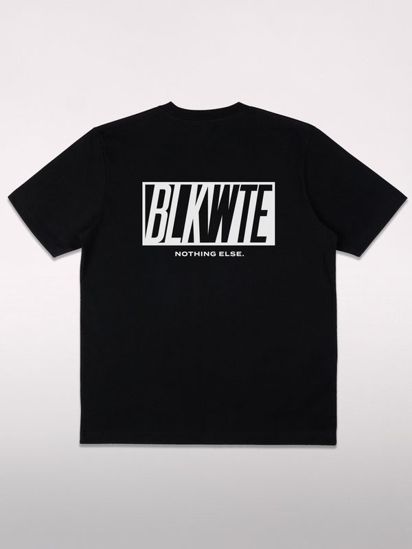 Black t-shirt with BLKWTE logo across the back in white 