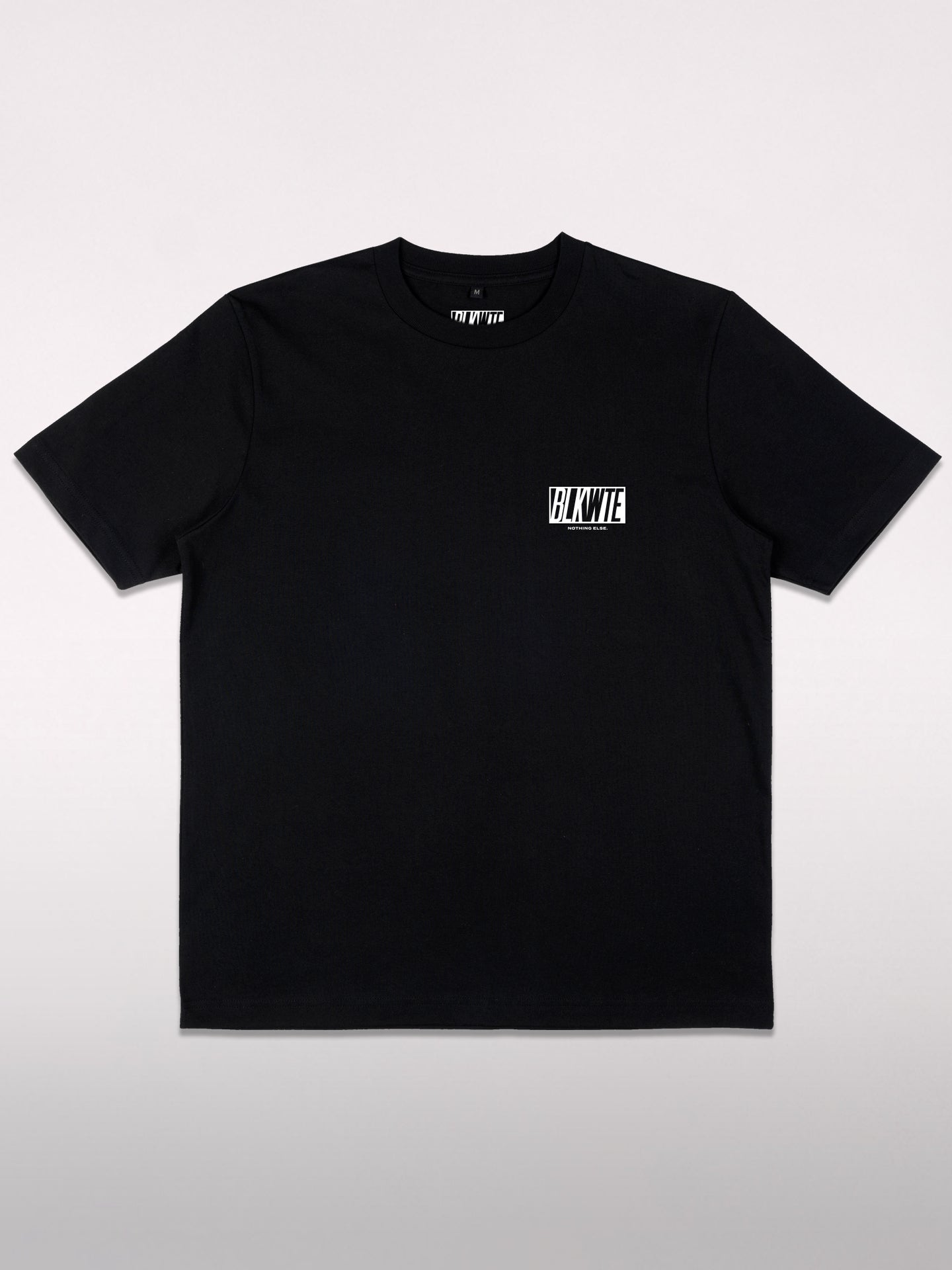 Black t-shirt with small BLKWTE logo on the left chest