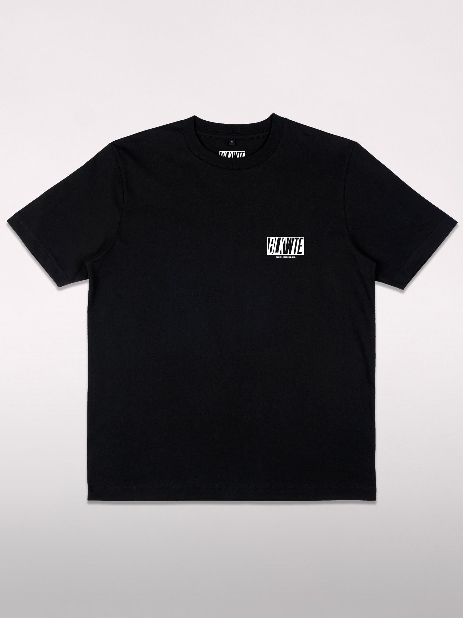 Black t-shirt with small BLKWTE logo on the left chest