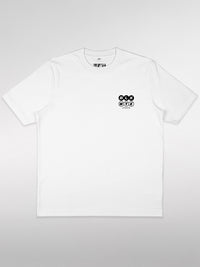 White t-shirt with BLKWTE text on the left chest a light grey background